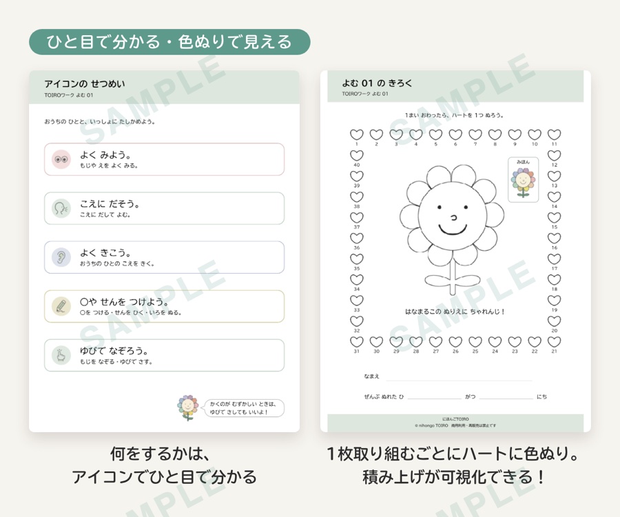 ページの上のアイコンと、ハートの記録シート